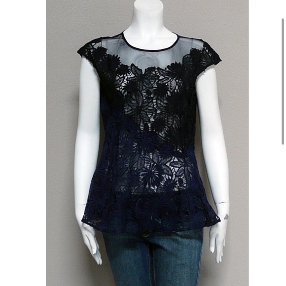 ANTHROPOLOGIE Navy Laced Crochet Blouse - Picture 2 of 3